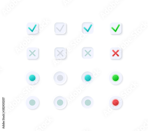 Tick and cross buttons UI elements kit. Active and disabled isolated vector icon, bar and dashboard template. Web design widget collection for mobile application with light theme interface