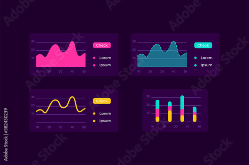 Infocharts UI elements kit. Line chart. Infographic analysis isolated vector icon, bar and dashboard template. Web design widget collection for mobile application with dark theme interface