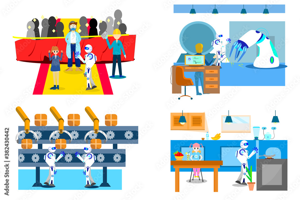 Vector set concept of living together between Humans and robots, illustration of robots that have taken over In the daily life of human beings. Robot navigation Come to work instead of human work Vector set concept of living together between Humans and robots, illustration of robots that have taken over In the daily life of human beings. Robot navigation Come to work instead of human work