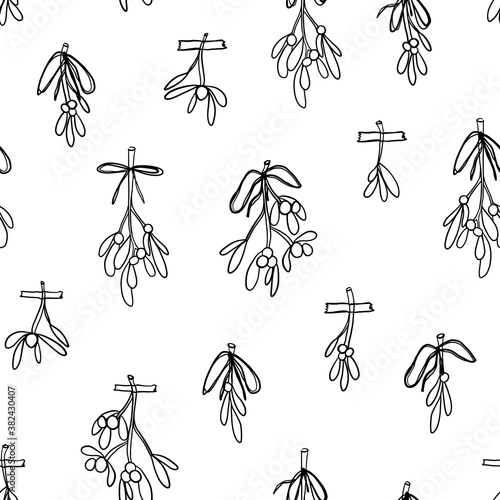 Christmas mistletoe hand-drawn doodle vector seamless pattern design for fabric, wrapping, textile, wallpaper, background.