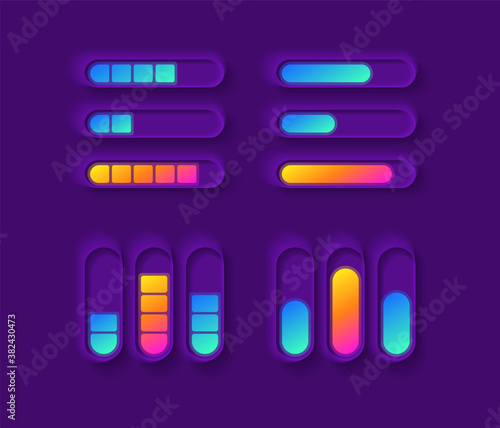 Power gauge UI elements kit. Mixer bars. Media equalizer. Multimedia isolated vector icon, bar and dashboard template. Web design widget collection for mobile application with dark theme interface