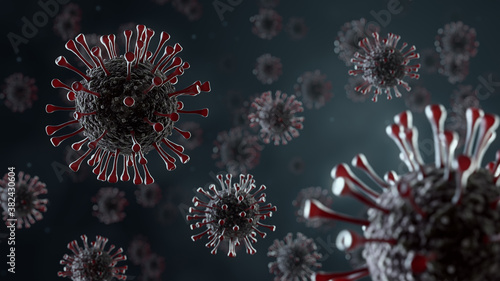 Coronavirus realistic illustration. New deadly disease-causing viruses such as COVID-19 or SARS (Severe acute respiratory syndrome). Virus in a microscope close up. 3D rendering 