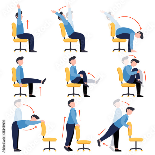 Instructions men doing office chair yoga. Set of business man workout for healthy back, neck, arms, legs. Sport exercises for wellbeing of workers. Vector illustration isolated on white background.
