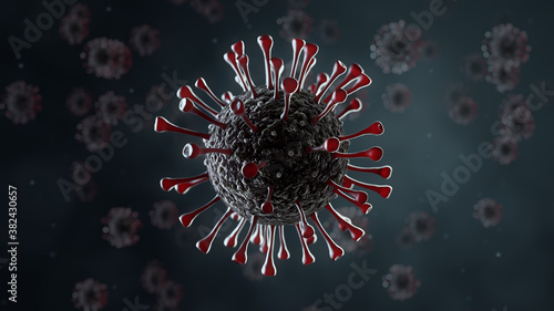 Coronavirus realistic illustration. New deadly disease-causing viruses such as COVID-19 or SARS (Severe acute respiratory syndrome). Virus in a microscope close up. 3D rendering