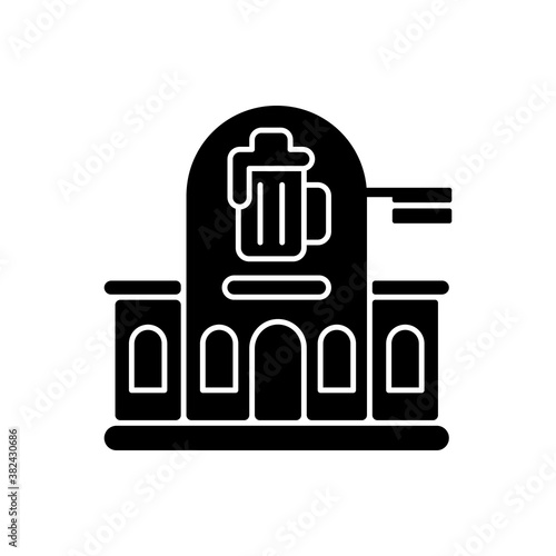 Pub black glyph icon. Bar front to drink ale. Beer store. Alcoholic beverage shop. Brewery for ale and stout. Traditional british diner. Silhouette symbol on white space. Vector isolated illustration