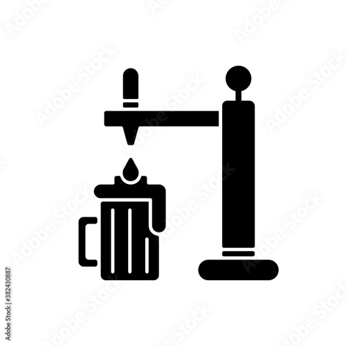 Draught beer black glyph icon. Pouring lager in mug. Beverage from bar. Pub menu. Craft beer. Party booze from dispenser pump. Silhouette symbol on white space. Vector isolated illustration