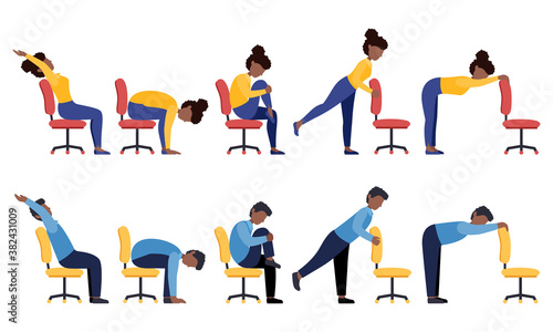 Set of black women and men doing office chair exercises. Bundle of workers workout for healthy back  neck  arms  legs. Sport for the wellbeing. Vector illustration isolated on white background.