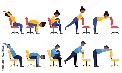 Set of black women and men doing office chair exercises. Bundle of workers workout for healthy back, neck, arms, legs. Sport for the wellbeing. Vector illustration isolated on white background.