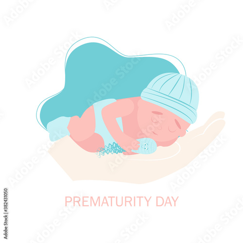 World prematurity day. 17 November.  Little Newborn Baby Inside Neonatal Clinic Treatment and Care Concept. Flat vector illustration