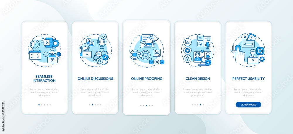 Remote job app features onboarding mobile app page screen with concepts. Online discussion, clean design walkthrough 5 steps graphic instructions. UI vector template with RGB color illustrations