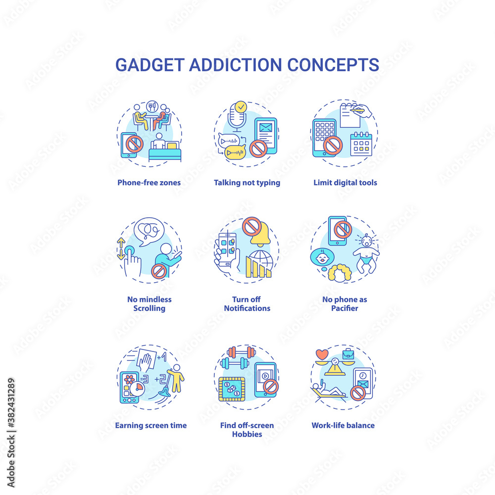 Gadget addition concept icons set. Screen time reducing idea thin line RGB color illustrations. Phone-free zones. Work-life balance. Vector isolated outline drawings. Editable stroke Gadget addition concept icons set. Screen time reducing idea thin line RGB color illustrations. Phone-free zones. Work-life balance. Vector isolated outline drawings. Editable stroke