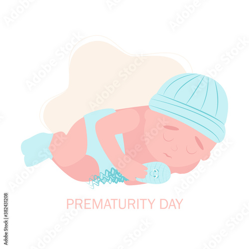 World prematurity day. 17 November.  Little Newborn Baby Inside Neonatal Clinic Treatment and Care Concept. Flat vector illustration