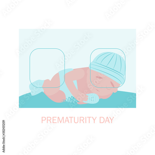World prematurity day. 17 November.  Little Newborn Baby Inside Neonatal Clinic Treatment and Care Concept. Flat vector illustration