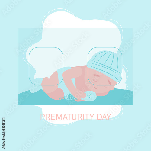 World prematurity day. 17 November.  Little Newborn Baby Inside Neonatal Clinic Treatment and Care Concept. Flat vector illustration