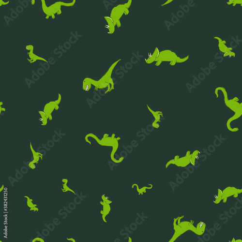 Cute Dinosaurs on Dark Green Background Pattern