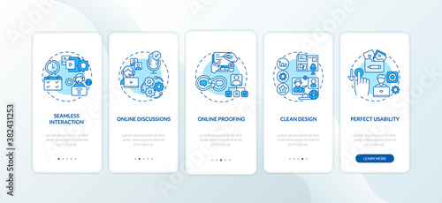 Remote job app features onboarding mobile app page screen with concepts. Online discussion, clean design walkthrough 5 steps graphic instructions. UI vector template with RGB color illustrations