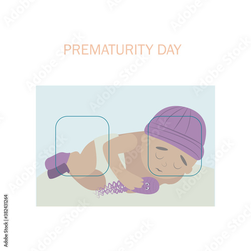 World prematurity day. 17 November.  Little Newborn Baby Inside Neonatal Clinic Treatment and Care Concept. Flat vector illustration