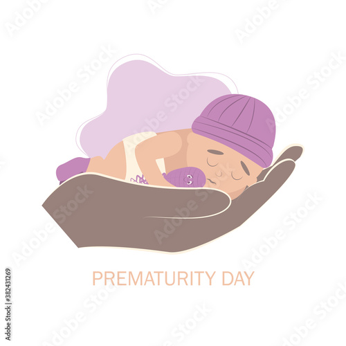 World prematurity day. 17 November.  Little Newborn Baby Inside Neonatal Clinic Treatment and Care Concept. Flat vector illustration