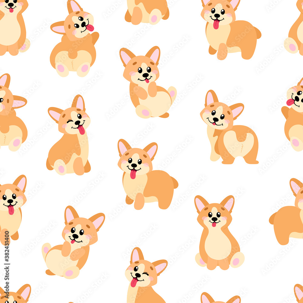 Cute dog in cartoon style, texture for wrapping paper. Seamless pattern with pembroke welsh corgi. Vector illustration for print, greeting cards, decor, posters, fabric.