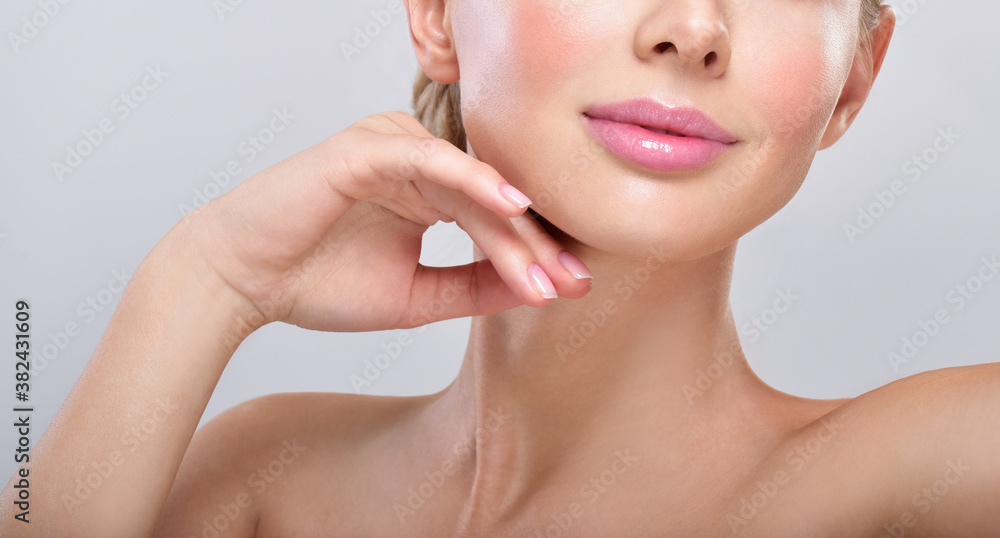 Beautiful face of young adult woman with clean fresh skin. Beautiful face of young adult woman with clean fresh skin.