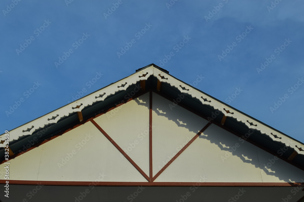 The crop image of blue house roof.Low angle view. Selective focus. The crop image of blue house roof.Low angle view. Selective focus.