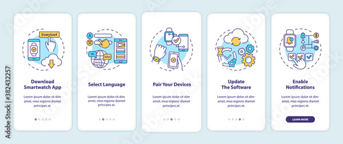 Smart watch setup tips onboarding mobile app page screen with concepts. Download, select language, update walkthrough 5 steps graphic instructions. UI vector template with RGB color illustrations