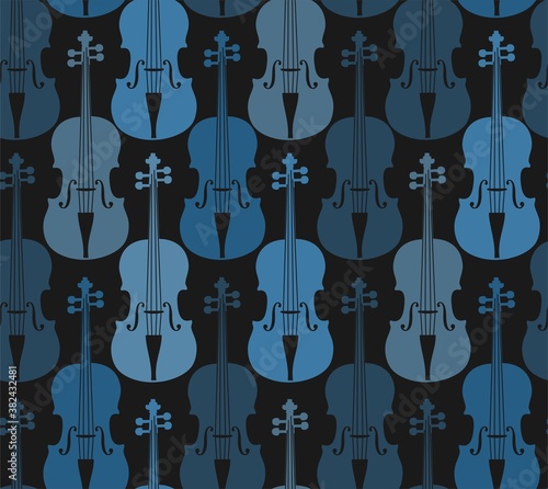 Violins, blue, seamless pattern. Blue violins on a dark field. Color, flat decor. Vector.  
