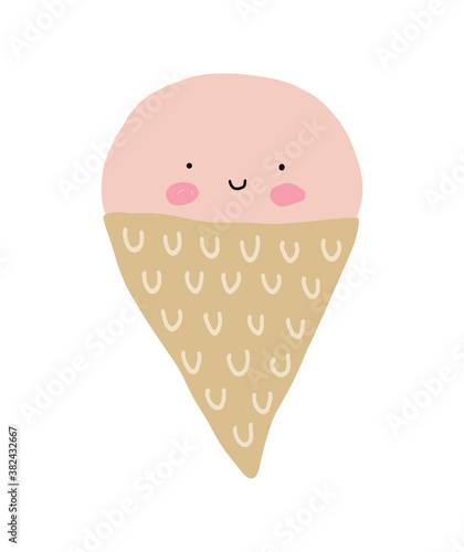 Cute Smiling Ice Cream Vector illustration. Wall Art with Kawaii Style Ice Cream Isolated on a White Background. Lovely Nursery Art Ideal for Decoration, Card, Poster.