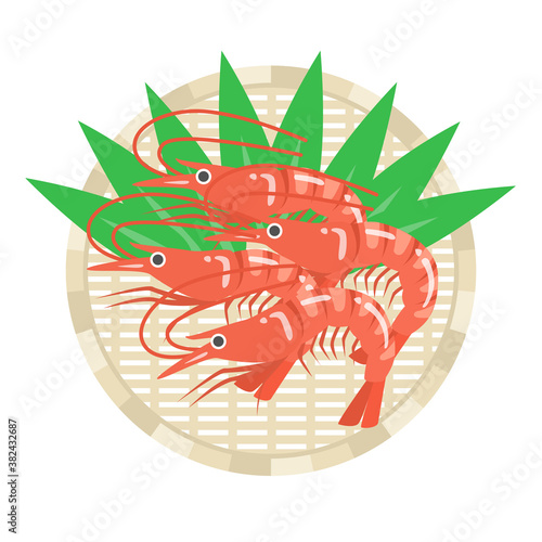 ザルにのせた海老のイラスト
