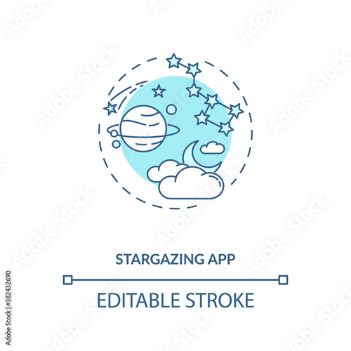 Stargazing app concept icon. Gadget function idea thin line illustration. Info about satellites, upcoming stargazing events. Astronomy. Vector isolated outline RGB color drawing. Editable stroke