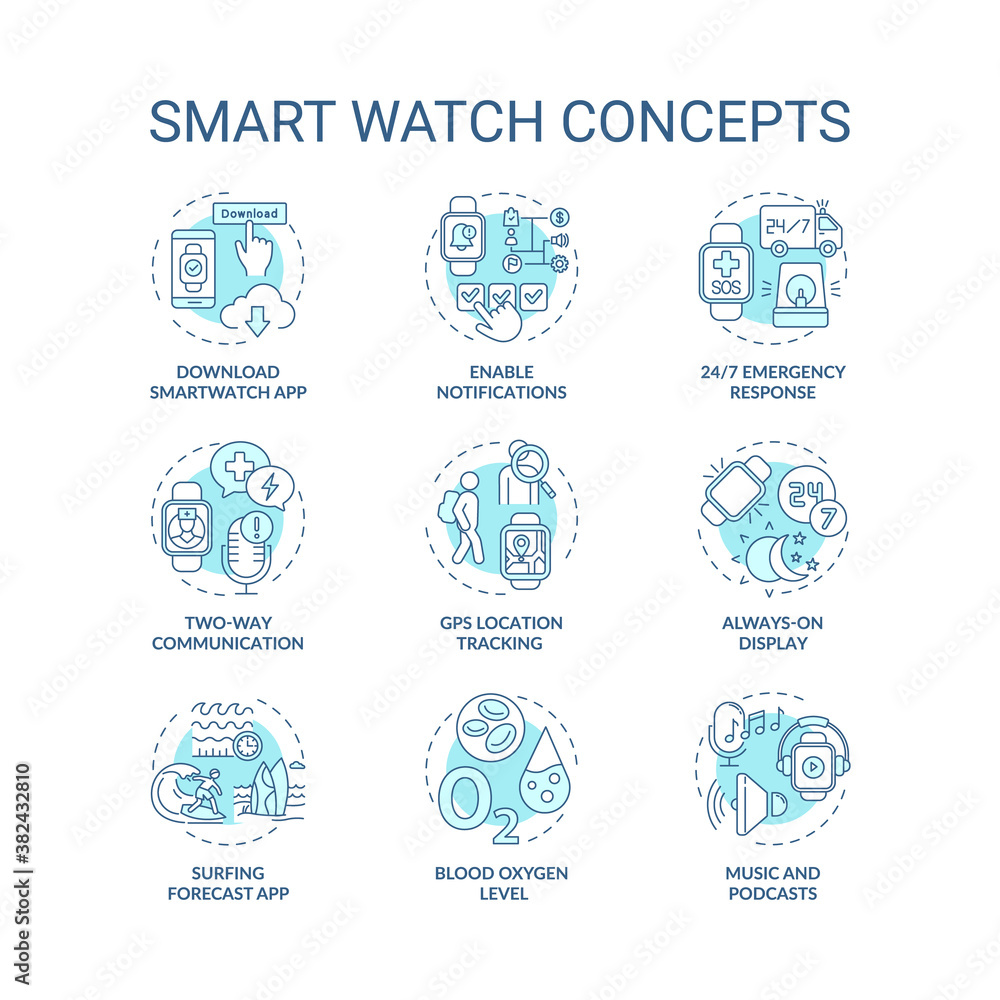 Smart watch concept icons set. Device functions idea thin line RGB color illustrations. 24/7 emergency response. Music and podcasts. Vector isolated outline drawings. Editable stroke