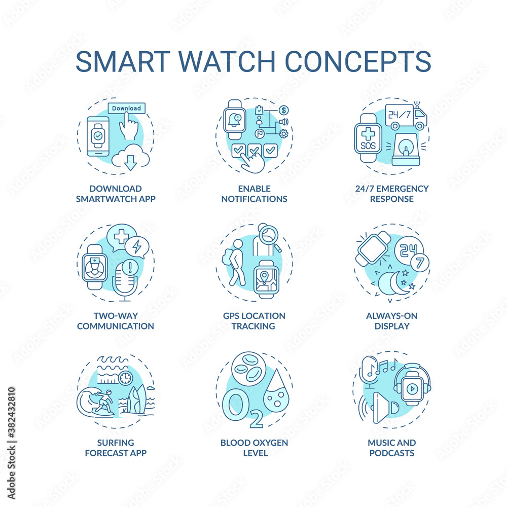 Smart watch concept icons set. Device functions idea thin line RGB color illustrations. 24/7 emergency response. Music and podcasts. Vector isolated outline drawings. Editable stroke Smart watch concept icons set. Device functions idea thin line RGB color illustrations. 24/7 emergency response. Music and podcasts. Vector isolated outline drawings. Editable stroke