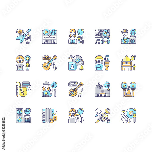 Musical genres RGB color icons set. Heavy metal songs. Different culture. Singing hobby. Latin party. Singers and musical instruments. Isolated vector illustrations