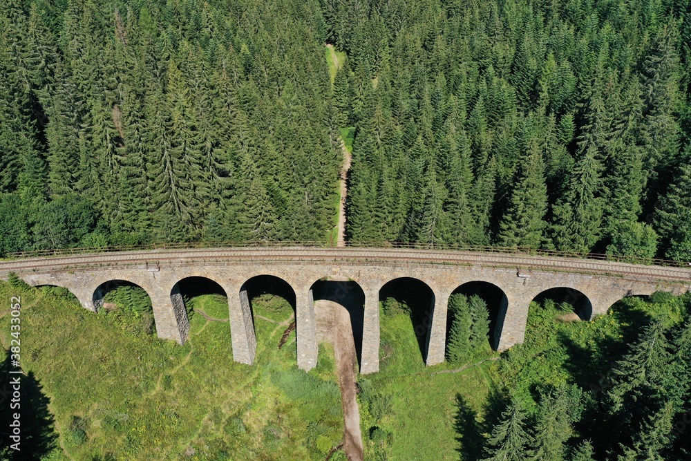 Aerial view of Chmarossky viaduct in Telgart village in Slovakia