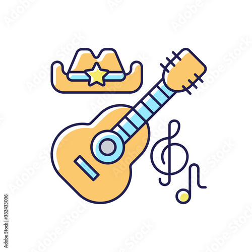 Country music RGB color icon. Acoustic guitar types. Traditional west american cowboy hat. Song notes. National cultury. Isolated vector illustration
