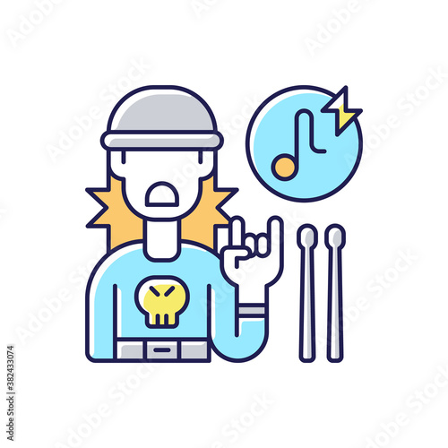 Rock music RGB color icon. Drumer boy in sweatshirt with skull. Wooden drum sticks. Hard songs types. Rock sign showing. Isolated vector illustration