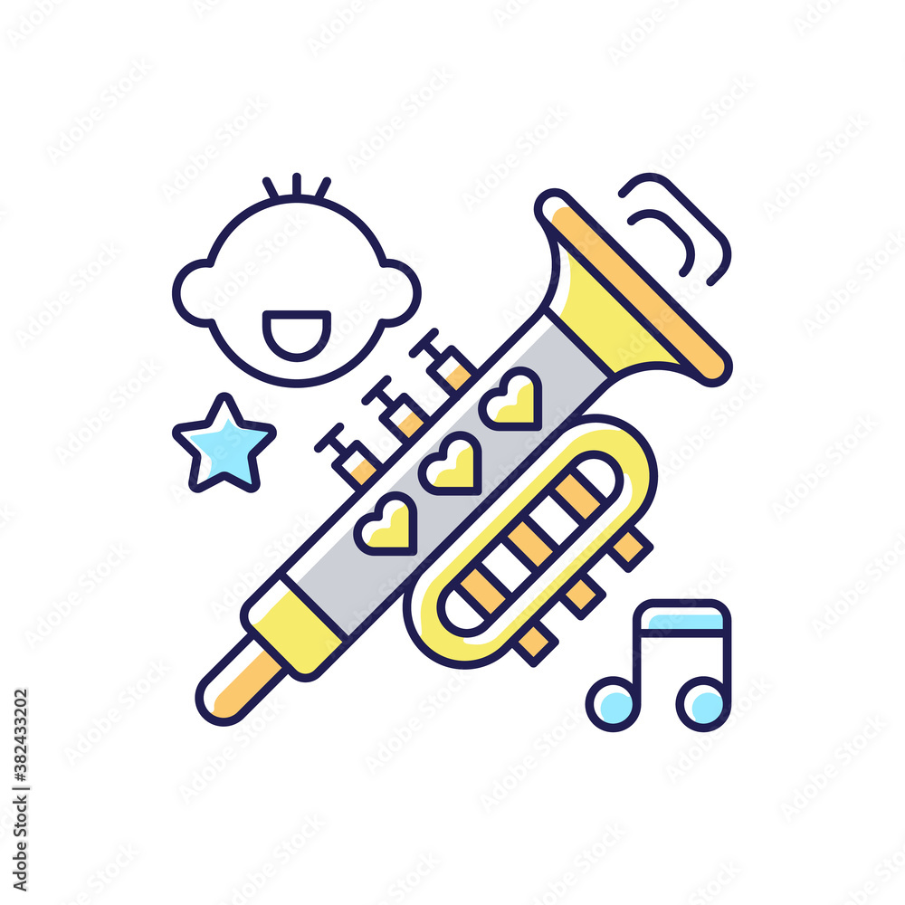 Kid music RGB color icon. Happy songs. Musical genres. Trombone with little hearts. Children singing hobby. Different song notes. Isolated vector illustration