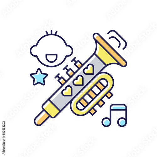 Kid music RGB color icon. Happy songs. Musical genres. Trombone with little hearts. Children singing hobby. Different song notes. Isolated vector illustration