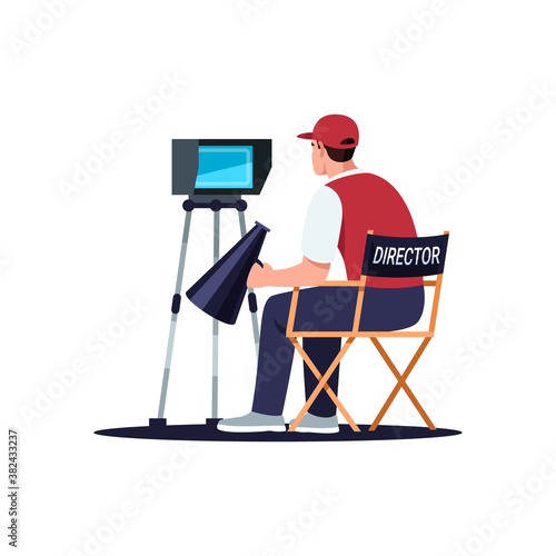 Director semi flat RGB color vector illustration. Movie filming crew member. Fim creation process. Special effects. Famous plot creator isolated cartoon character on white background
