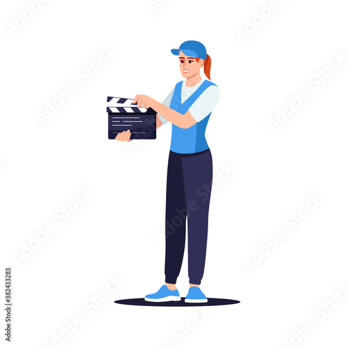 Clapper girl semi flat RGB color vector illustration. Perfect movie creation process. Professional film crew. Famous filming team member isolated cartoon character on white background