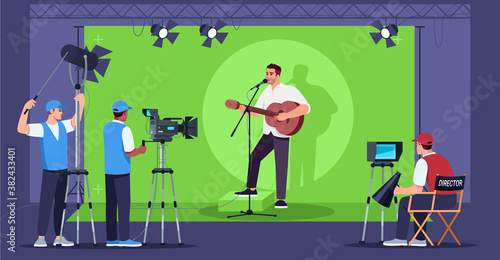 Singing show semi flat vector illustration. New tv series. Television proffesional crew. Media entertainment. Man playing guitar and singing 2D cartoon characters for commercial use