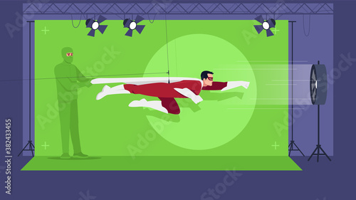 Superhero movie semi flat vector illustration. Green screen for special effects. Action film creation. Modern filming technologies. Professional team 2D cartoon characters for commercial use