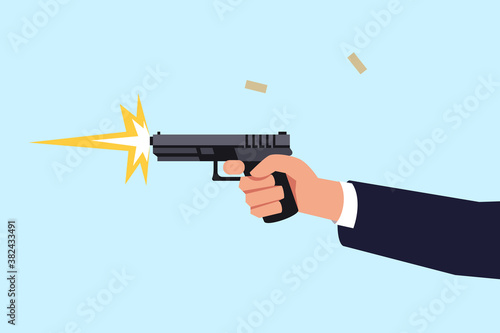 Shooting pistol semi flat RGB color vector illustration. Special effects creation process. Realistic shooting. Content filming. Action movie isolated cartoon object on blue background
