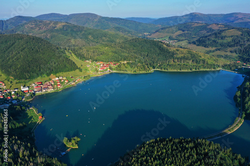 Fototapeta Naklejka Na Ścianę i Meble -  Aerial view of the Palcmanska Masa reservoir in the village of Dedinky in Slovakia