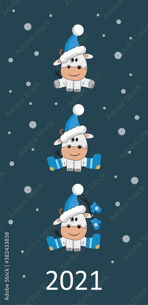 Christmas and Ner Year caqrd with cute cow in Santa hat and with mittens, symbol 2021 year Christmas and Ner Year caqrd with cute cow in Santa hat and with mittens, symbol 2021 year