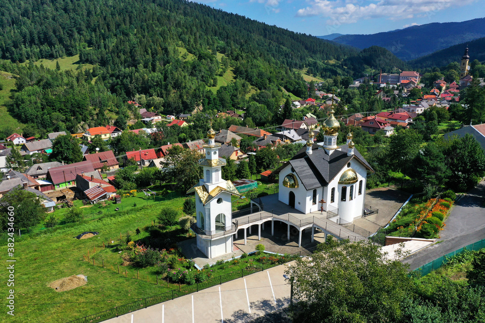Aerial view of the church in the village of Smolnik in Slovakia