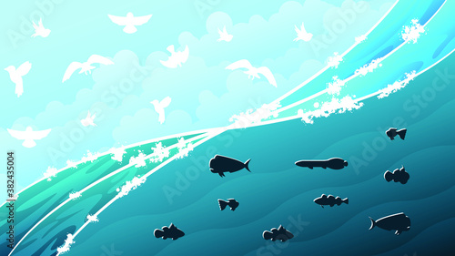 Abstract Ocean Sea Sky Background Vector With Wave Fishes Birds Design Style Landscape