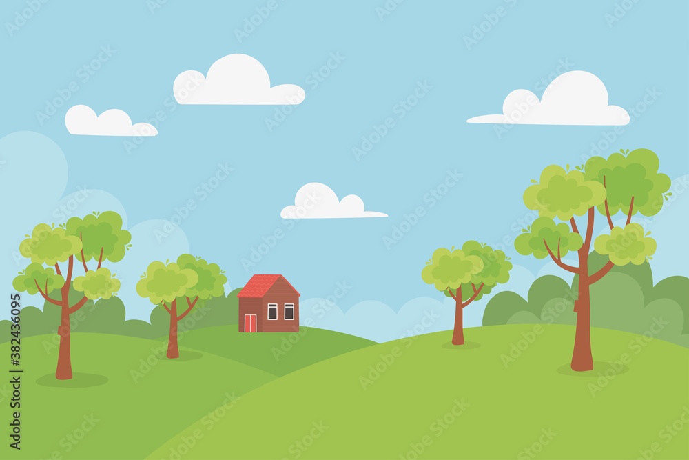 landscape cottage in the hills trees meadow nature sky