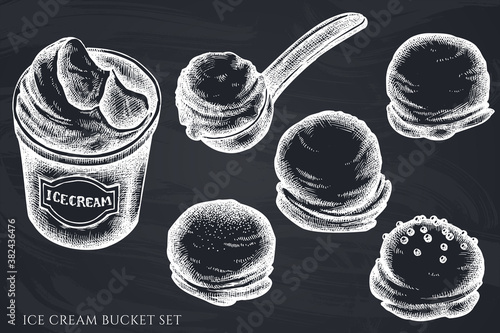 Vector set of hand drawn chalk ice cream bucket, ice cream scoop, ice cream balls