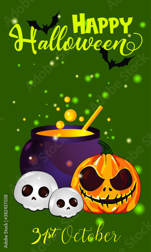 Halloween Party invitations, greeting cards, or posters with calligraphy, pumpkins, bats and skull. Design template for advertising, web, social media. 